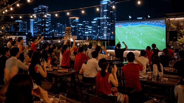 People watching soccer on rooftop at night