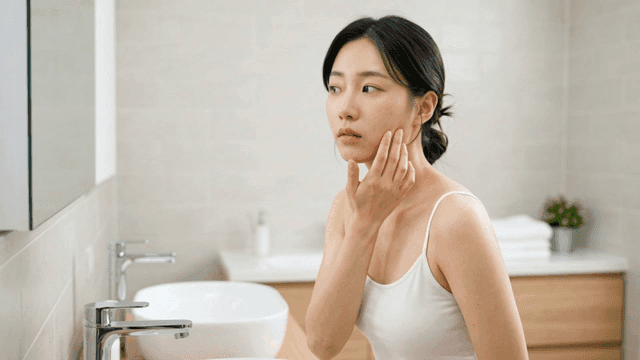 Young woman touching her cheek skin in bathroom