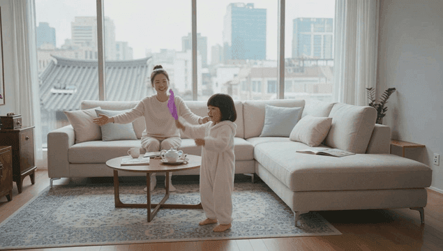 아늑한 거실에서 노는 엄마와 아이