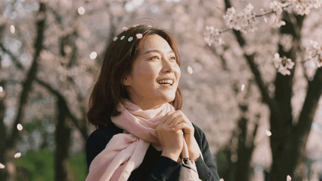 Woman enjoying cherry blossoms in spring
