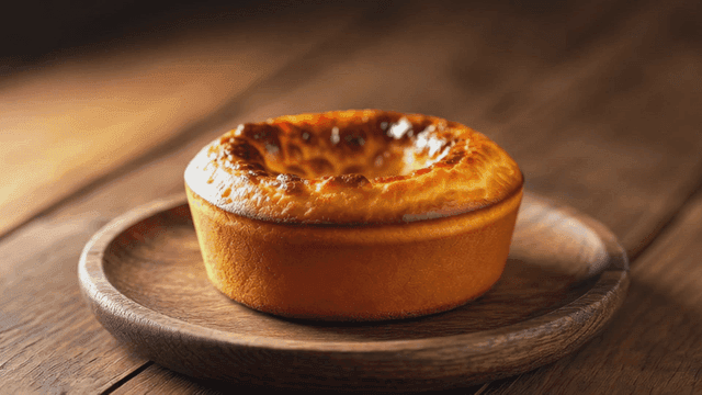 Freshly baked cheese tart on wooden plate