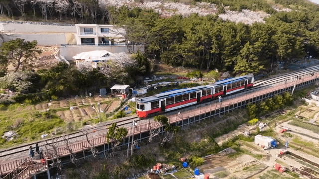 해안가 마을을 지나는 기차