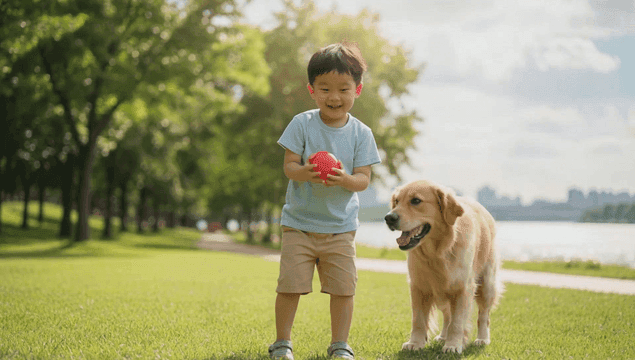 Child playing with a dog in a park