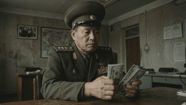 North Korean military officer counting dollar bills at desk