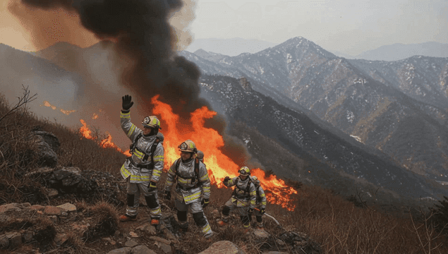 Firefighters battling a wildfire in the mountains