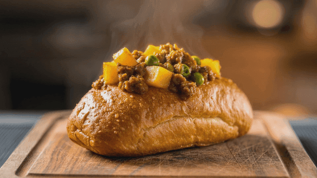 Freshly baked bread topped with curry