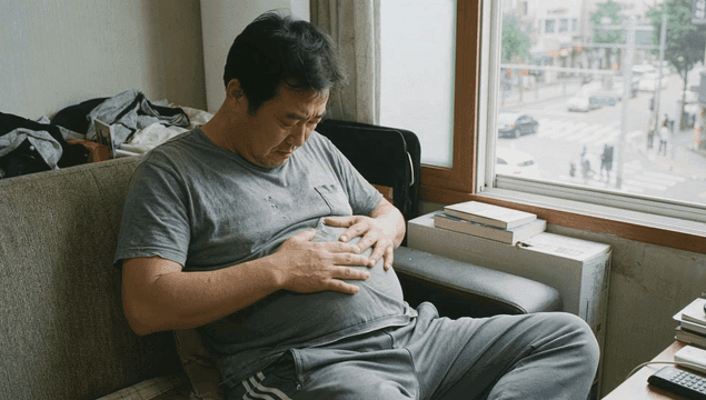 Obese man sitting by window in his room