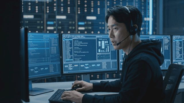 Man working in a server room with computers