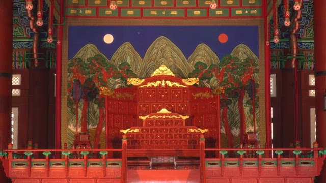 Interior of Geunjeongjeon, a traditional Korean palace with ornate decorations, Gyeongbokgung Palace