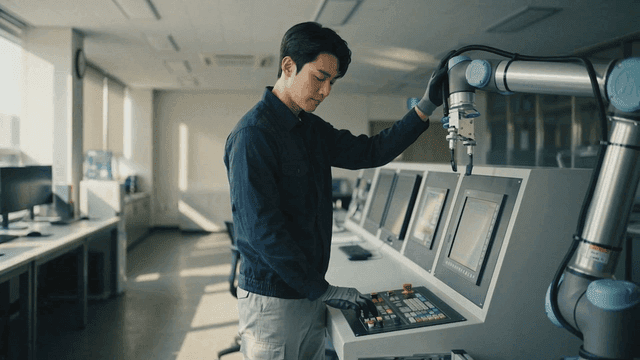 Engineer operating a robotic arm in a lab