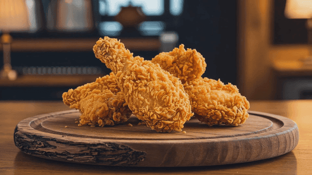 나무 접시에 놓인 바삭한 프라이드 치킨