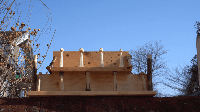 앙상한 나무 앞 벽돌 위의 나무 선반