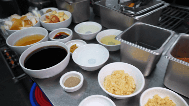 Various ingredients prepared in a kitchen