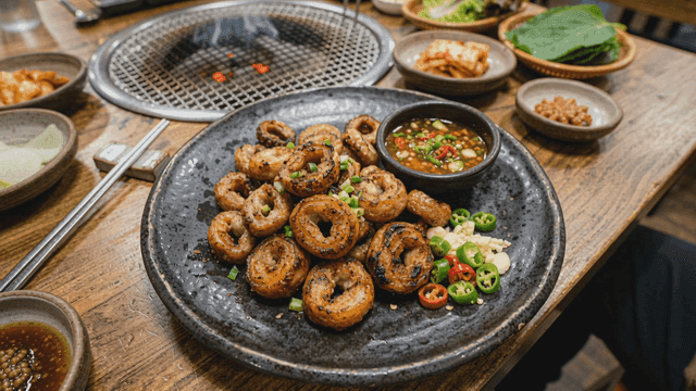 Grilled pork intestines served on table