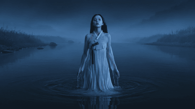 Water ghost in Hanbok emerging from foggy river
