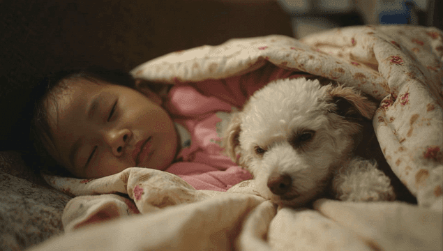 Child and a dog sleeping peacefully