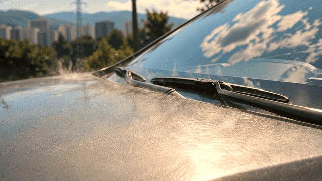 Car hood reflecting clouds and hot heat