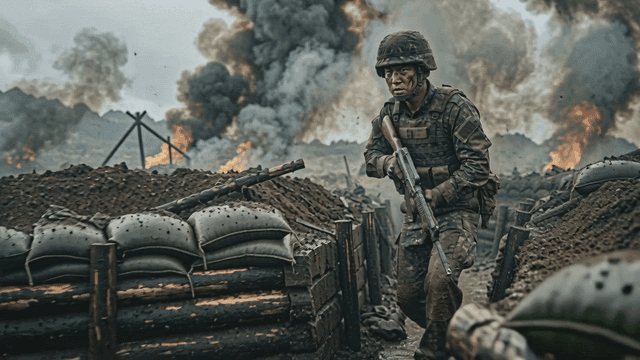 Soldier on battlefield with explosion.