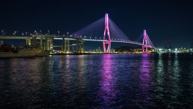 Colorful illuminated Busanhangdaegyo Bridge at night with cityscape