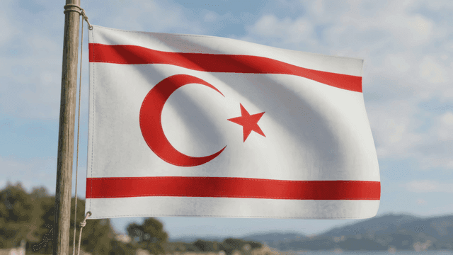 Flag of Turkish Republic of Northern Cyprus fluttering in wind against backdrop of scenery.