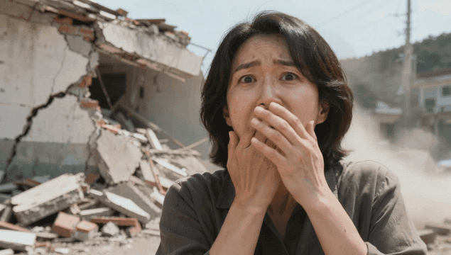 Middle-aged woman shocked near collapsed building