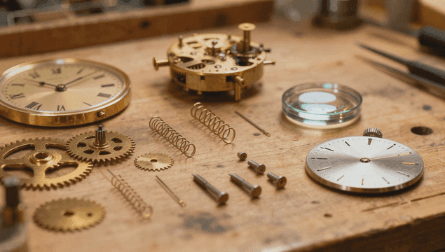 나무 작업대 위의 시계 부품