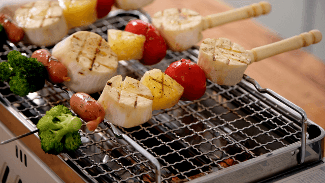 Grilled skewers with vegetables and meat