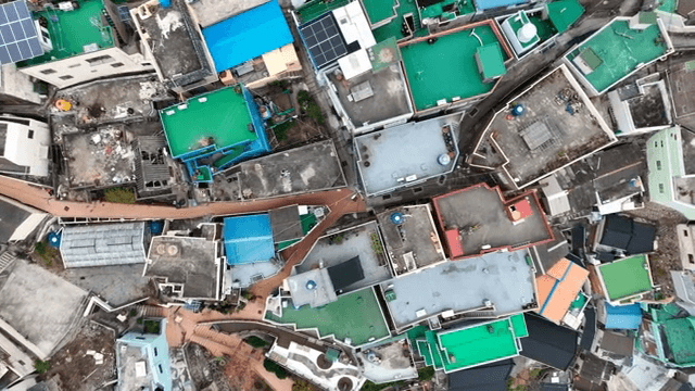 밀집된 지역의 다채로운 지붕