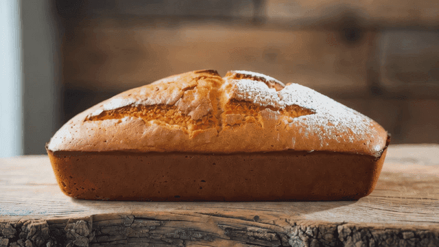 Freshly baked pound cake on wooden table