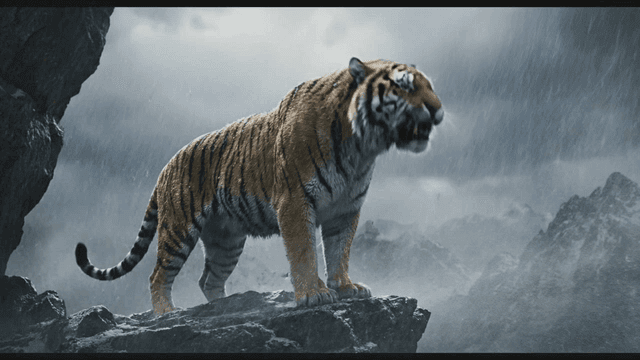 A tiger roaring on a rocky cliff in a storm