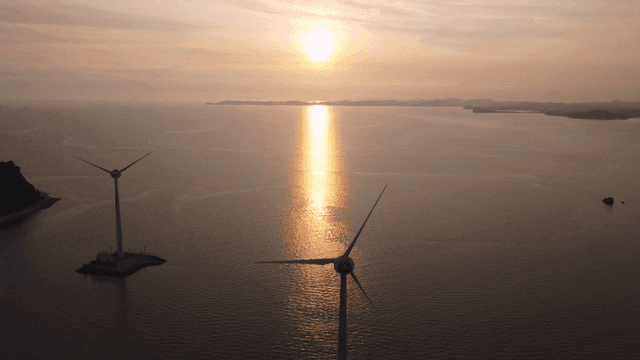 Wind turbines by the sea at sunset