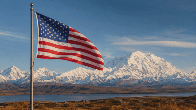 American flag waving with snowy mountains