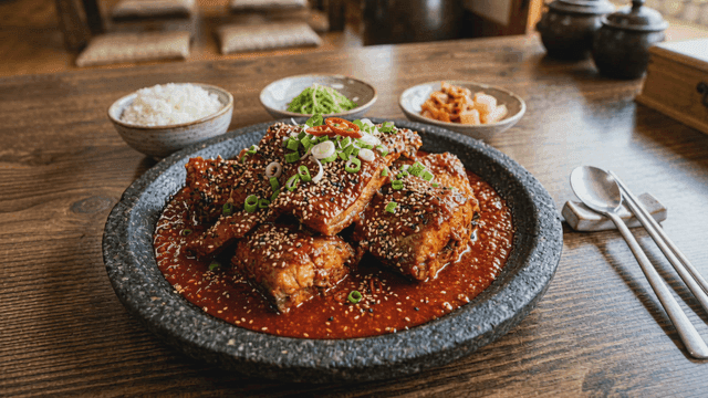 Spicy braised fish with rice and side dishes