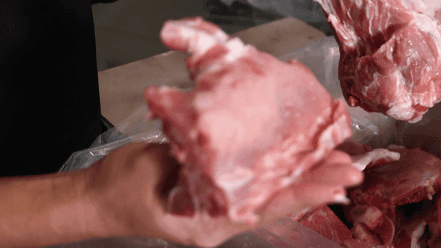 A hand holding fresh raw meat