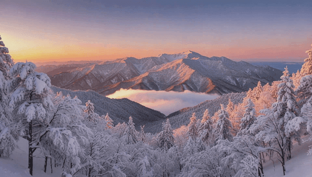 Snow-covered mountains with dawn clouds passing by