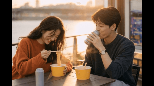 Couple drinking ramen and canned drinks by river