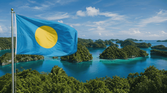 Palau flag fluttering above island scenery