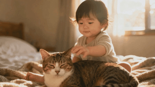 Child gently petting a cat on a bed