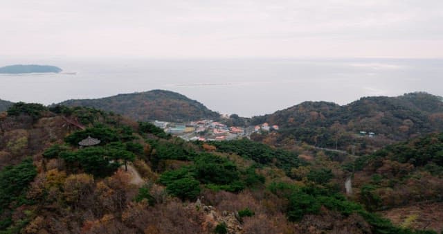 단풍이 물든 숲과 해안가 마을
