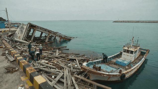 People cleaning debris by the sea