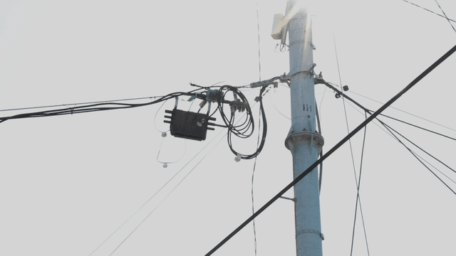 햇빛 아래 전선이 있는 전봇대