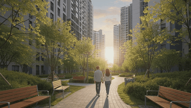 일몰 시간 나무가 늘어선 아파트 공원을 걷는 커플