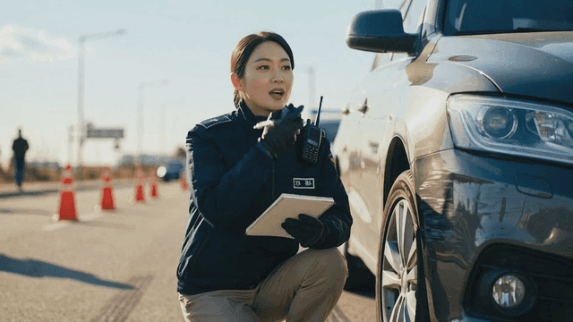 Police officer inspecting a car on the road