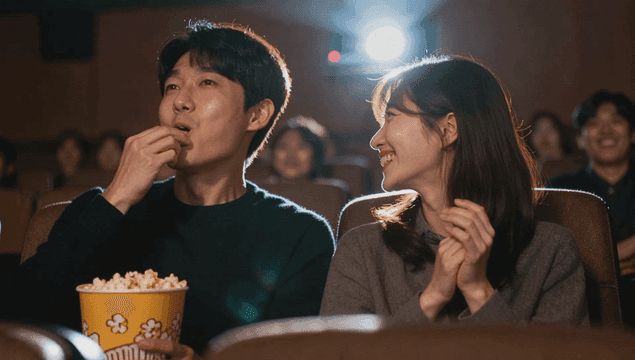 영화관에서 팝콘과 박수를 치며 영화를 즐기는 커플