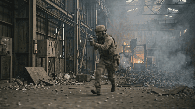 Soldiers shooting while moving through factory