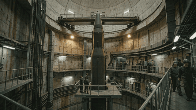 Missiles and soldiers in underground hangar