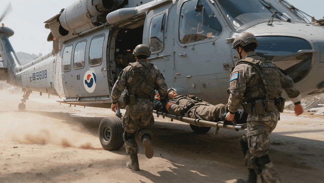 부상자를 헬리콥터로 옮기고 있는 군인들