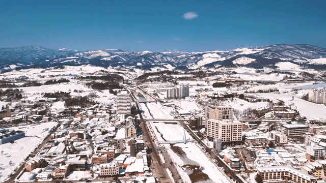 눈 덮인 도시와 먼 산