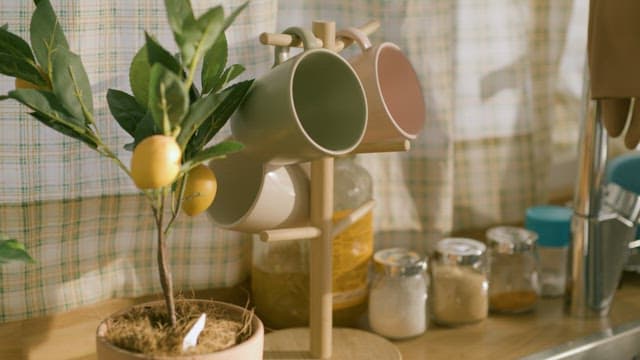 Mugs Hanging on a Cup Rack and Plants in the Kitchen