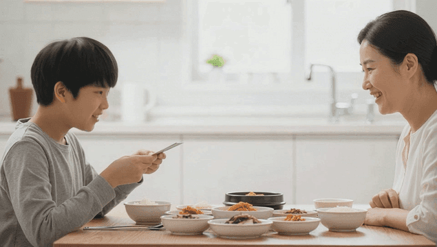 식사 전 식탁에서 아들에게 용돈을 주는 어머니